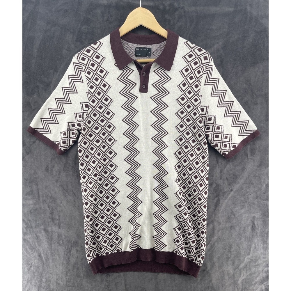 Y2K ASOS Design Men's Knit Polo Shirt XL Geometric Zig Zag Pattern‎ Short Sleeve